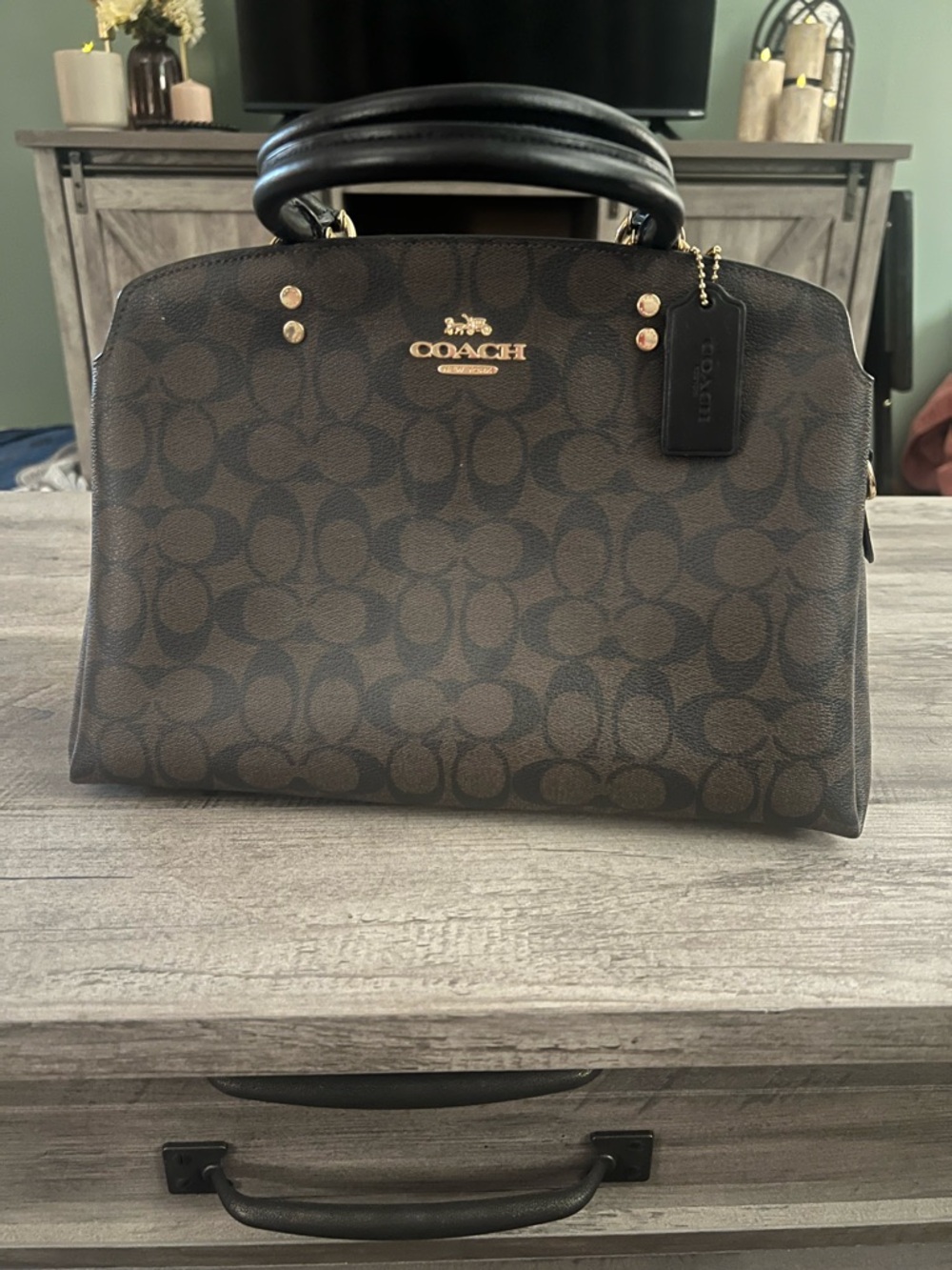 Coach Brown Signature Satchel with Black Handles and Gold Hardware